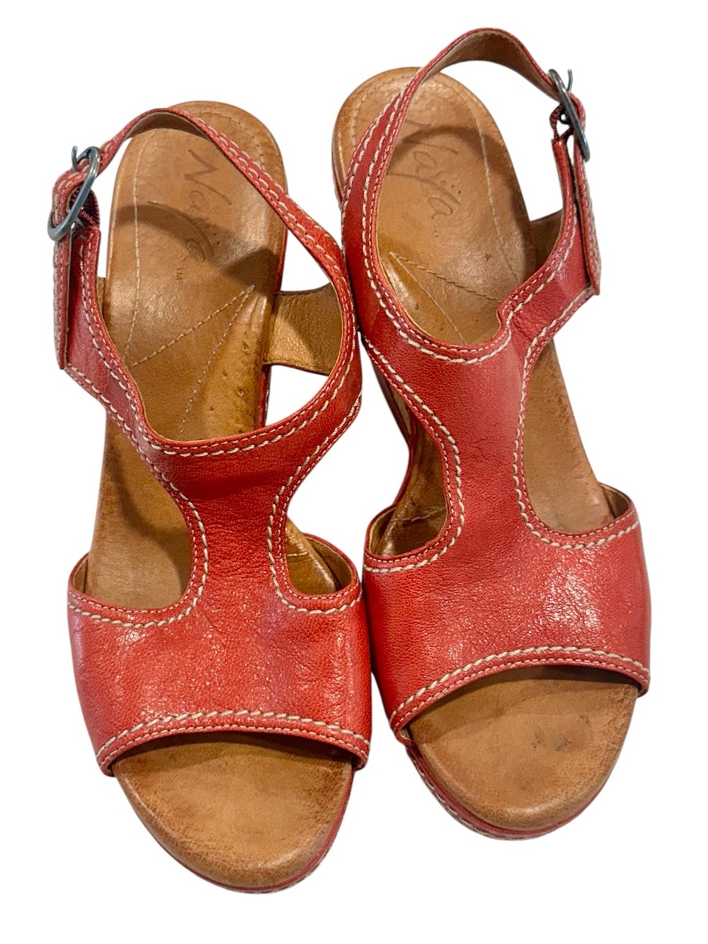 Anthropologie Naya Red Leather Wedge Sandals with Woven Espadrille Detail - 9 - Picture 4 of 11